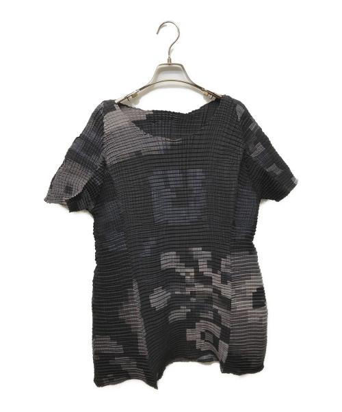 ISSEY MIYAKE（イッセイミヤケ）ISSEY MIYAKE (イッセイミヤケ) ストレッチプリーツ ボックスドットグラフィックTシャツ ブラック×グレー サイズ:2の古着・服飾アイテム
