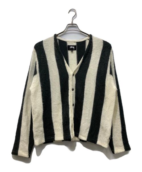 stussy（ステューシー）stussy (ステューシー) STRIPE BRUSHED CARDIGAN ベージュ×グレー サイズ:SIZE Lの古着・服飾アイテム