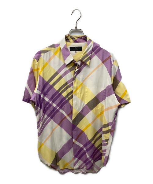 Y's（ワイズ）Y's (ワイズ) S/Sレーヨンチェックシャツ パープル×ホワイト サイズ:3の古着・服飾アイテム