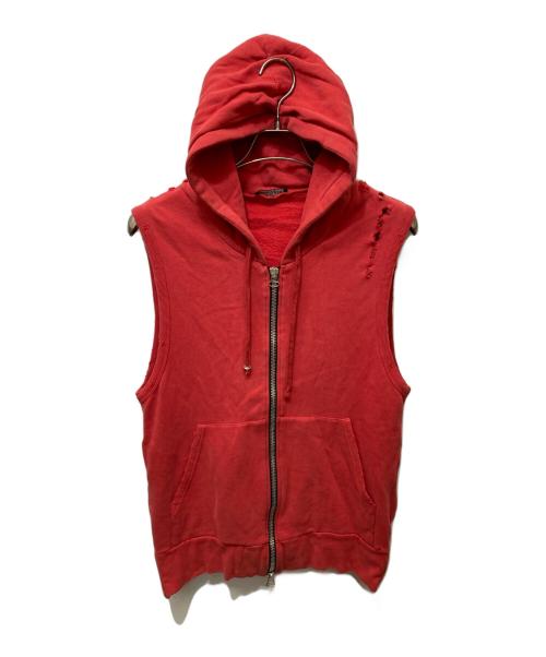 BALMAIN（バルマン）BALMAIN (バルマン) ダメージフーデッドベスト レッド サイズ:Sの古着・服飾アイテム