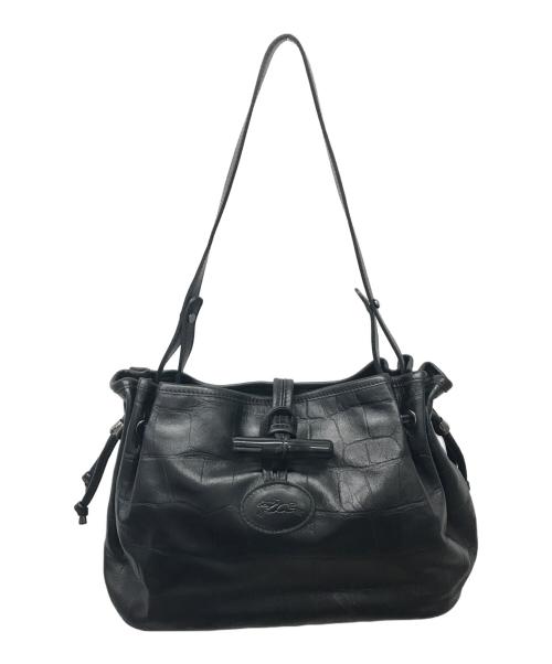 LONGCHAMP（ロンシャン）LONGCHAMP (ロンシャン) 型押し巾着ショルダーバッグ ブラックの古着・服飾アイテム