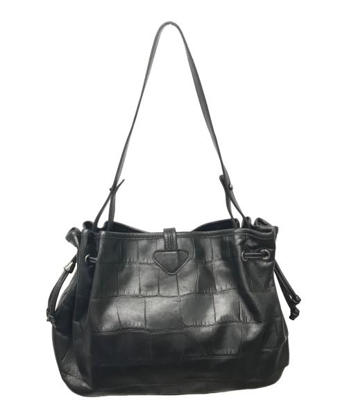LONGCHAMP（ロンシャン）LONGCHAMP (ロンシャン) 型押し巾着ショルダーバッグ ブラックの古着・服飾アイテム