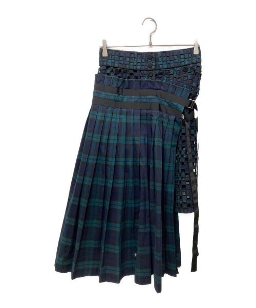 sacai（サカイ）sacai (サカイ) レイヤードデザインチェックスカート グリーン×ネイビー サイズ:2の古着・服飾アイテム