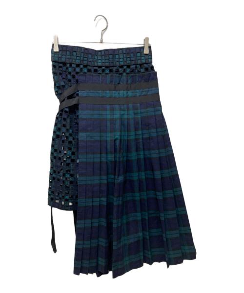 sacai（サカイ）sacai (サカイ) レイヤードデザインチェックスカート グリーン×ネイビー サイズ:2の古着・服飾アイテム