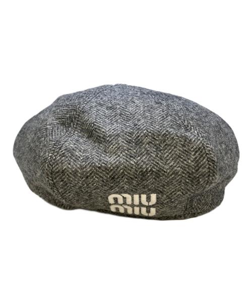 MIU MIU（ミュウミュウ）MIU MIU (ミュウミュウ) ヘリンボーンツイードベレー帽 グレーの古着・服飾アイテム
