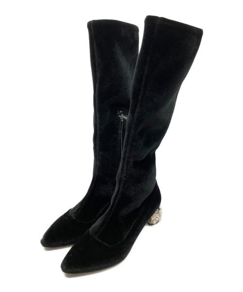 MIU MIU（ミュウミュウ）MIU MIU (ミュウミュウ) ベロアビジューブーツ ブラック サイズ:35 1/2の古着・服飾アイテム