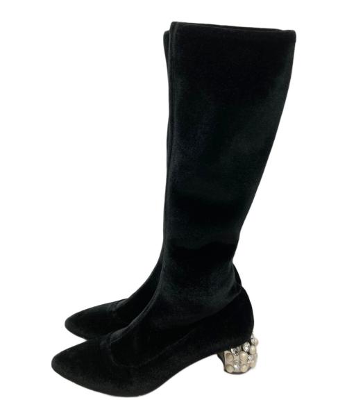 MIU MIU（ミュウミュウ）MIU MIU (ミュウミュウ) ベロアビジューブーツ ブラック サイズ:35 1/2の古着・服飾アイテム