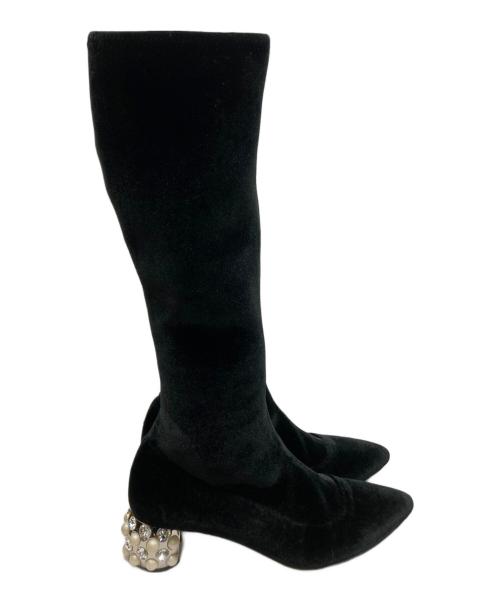 MIU MIU（ミュウミュウ）MIU MIU (ミュウミュウ) ベロアビジューブーツ ブラック サイズ:35 1/2の古着・服飾アイテム
