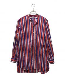 HEUGN（ユーゲン）の古着「コットンマルチストライプバンドカラーシャツ」｜ネイビー