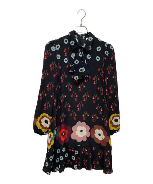 RED VALENTINO（レッドヴァレンティノ）RED VALENTINO (レッドヴァレンティノ) 総柄シルクワンピース ブラック サイズ:40の古着・服飾アイテム