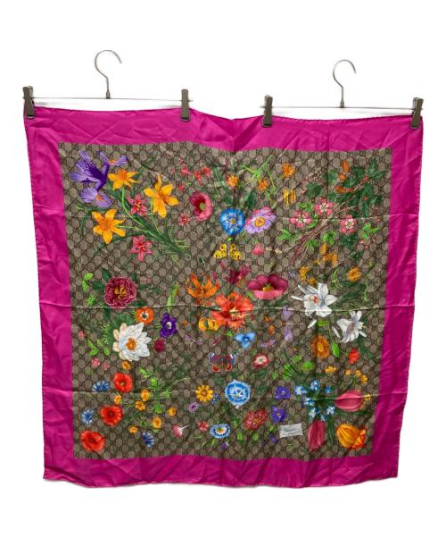 GUCCI（グッチ）GUCCI (グッチ) GGフローラ フラワー シルクスカーフ ピンク×ベージュ サイズ:90×90の古着・服飾アイテム