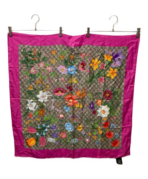 GUCCI（グッチ）GUCCI (グッチ) GGフローラ フラワー シルクスカーフ ピンク×ベージュ サイズ:90×90の古着・服飾アイテム