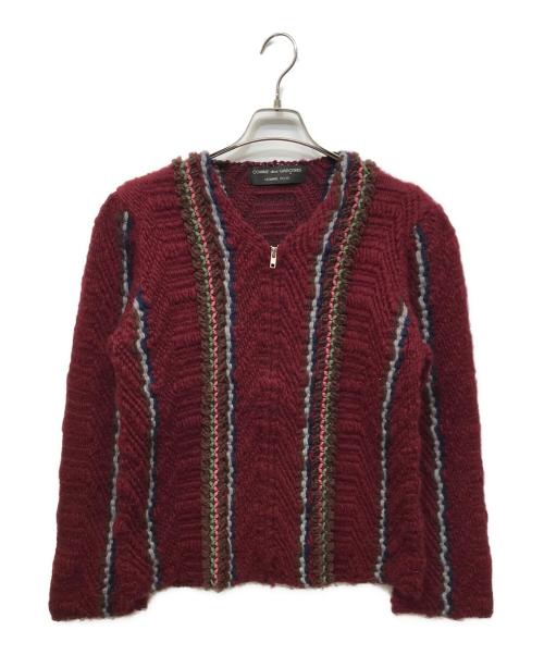 COMME des GARCONS HOMME PLUS（コムデギャルソンオムプリュス）COMME des GARCONS HOMME PLUS (コムデギャルソンオムプリュス) ラインニットカーディガン ワインレッド サイズ:FREEの古着・服飾アイテム