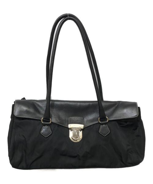 PRADA（プラダ）PRADA (プラダ) レザーフラップナイロンハンドバッグ ブラックの古着・服飾アイテム