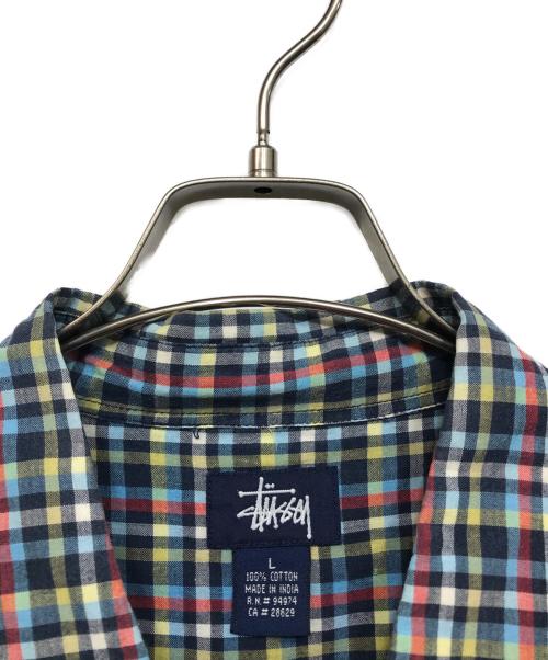 stussy（ステューシー）stussy (ステューシー) S/Sチェックシャツ ブルー×イエロー サイズ:Lの古着・服飾アイテム