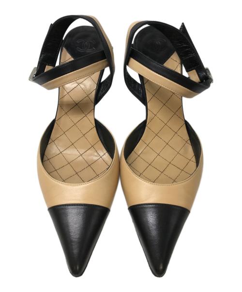 CHANEL（シャネル）CHANEL (シャネル) キャップトゥストラップミュール ベージュ×ブラック サイズ:36 1/2の古着・服飾アイテム