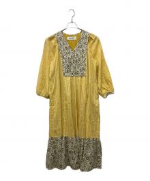sara mallika（サラマリカ）の古着「Cotton Lurex Double Flower Print Switching V-neck Dress」｜イエロー×ベージュ