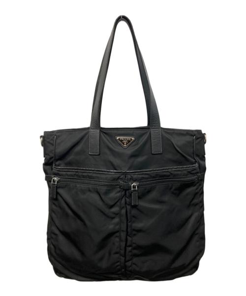 PRADA（プラダ）PRADA (プラダ) Re-Nylon サフィアーノレザー トートバッグ ブラックの古着・服飾アイテム