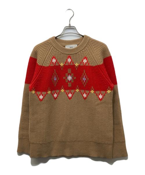AMI Alexandre Mattiussi（アミアレクサンドルマテュッシ）AMI Alexandre Mattiussi (アミアレクサンドルマテュッシ) ブラウン ウール ラウンドカラー クロスステッチ セーター ブラウン サイズ:XSの古着・服飾アイテム