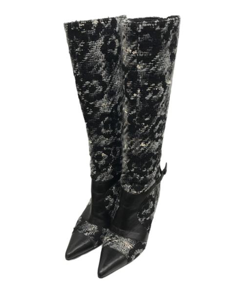 CHANEL（シャネル）CHANEL (シャネル) レザーツイードコンビカメリアロングブーツ ホワイト×ブラック サイズ:38の古着・服飾アイテム