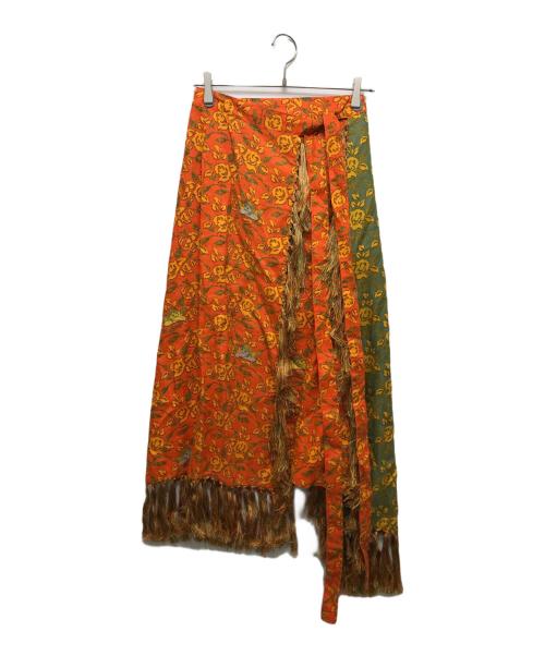 LOEWE（ロエベ）LOEWE (ロエベ) 総柄リネンラップスカート オレンジ サイズ:38の古着・服飾アイテム