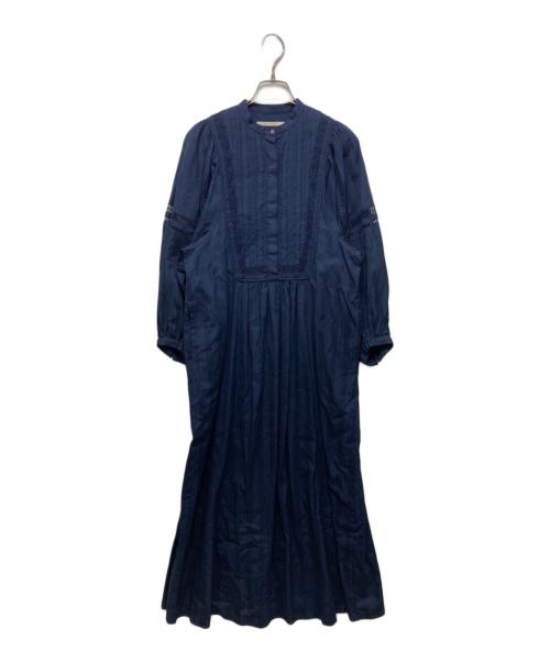 ne quittez pas（ヌキテパ）ne quittez pas (ヌキテパ) COTTON DOBBY STRIPE SQUARE LACE DRESS ネイビー サイズ:SIZE Mの古着・服飾アイテム