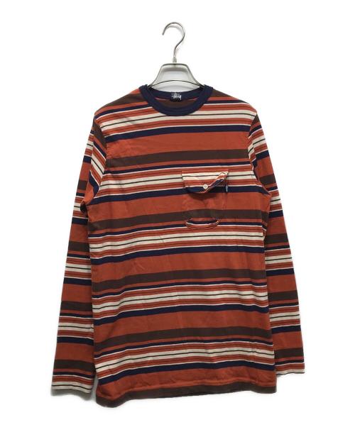 stussy（ステューシー）stussy (ステューシー) ボーダーカットソー ネイビー×オレンジ サイズ:不明の古着・服飾アイテム