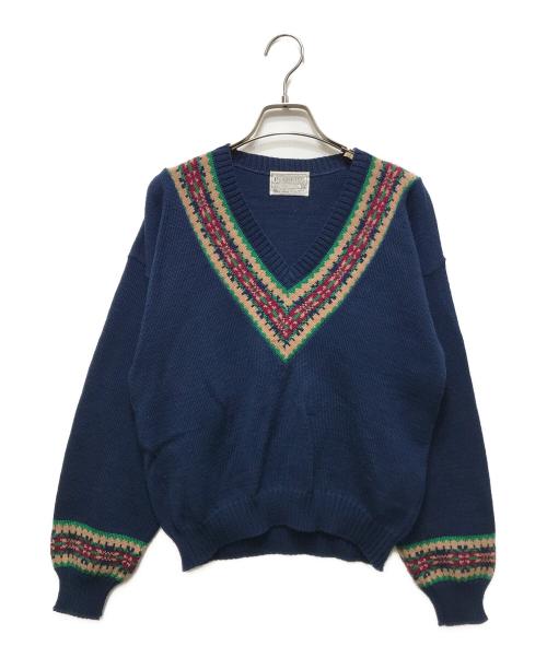 PENDLETON（ペンドルトン）PENDLETON (ペンドルトン) 70sネイティブ柄Vネック　白タグ USA製 ネイビー サイズ:Mの古着・服飾アイテム