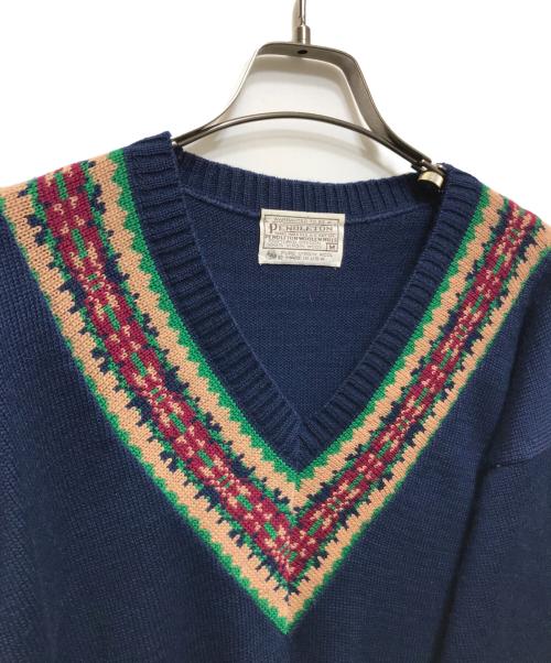PENDLETON（ペンドルトン）PENDLETON (ペンドルトン) 70sネイティブ柄Vネック　白タグ USA製 ネイビー サイズ:Mの古着・服飾アイテム