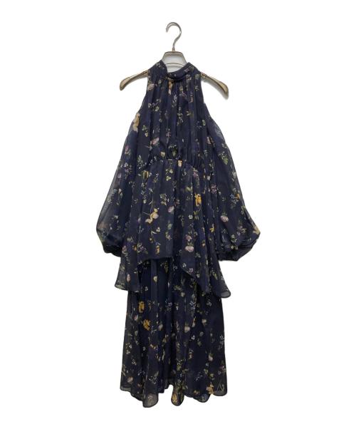 FRAY ID（フレイ アイディー）FRAY ID (フレイ アイディー) フラワープリントオフショルティアードワンピース ネイビーの古着・服飾アイテム