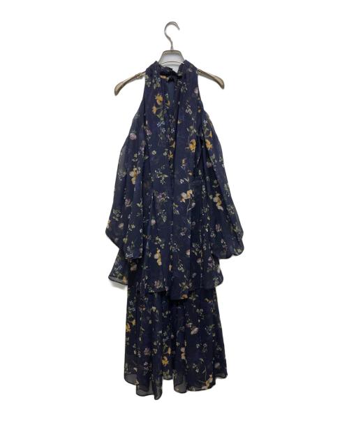 FRAY ID（フレイ アイディー）FRAY ID (フレイ アイディー) フラワープリントオフショルティアードワンピース ネイビーの古着・服飾アイテム