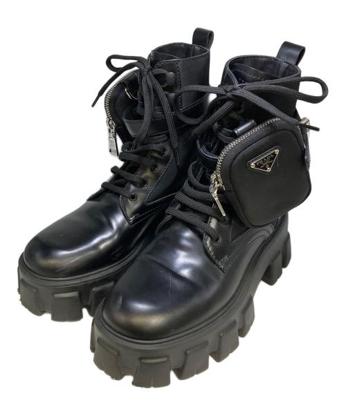 PRADA（プラダ）PRADA (プラダ) モノリスポーチ付 ブラッシュドレザー×RE-NYLON ブーツ / 255 ブラック サイズ:35 1/2の古着・服飾アイテム