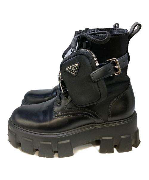 PRADA（プラダ）PRADA (プラダ) モノリスポーチ付 ブラッシュドレザー×RE-NYLON ブーツ / 255 ブラック サイズ:35 1/2の古着・服飾アイテム