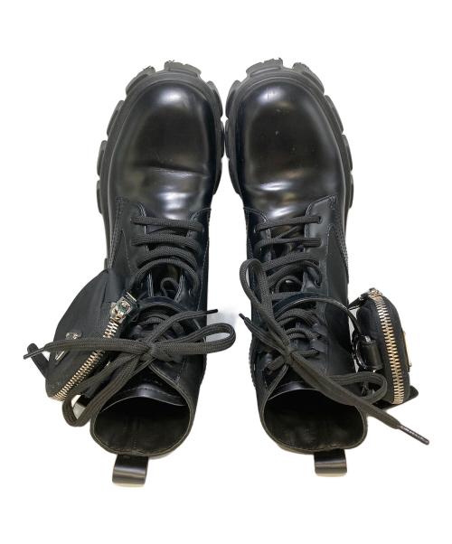 PRADA（プラダ）PRADA (プラダ) モノリスポーチ付 ブラッシュドレザー×RE-NYLON ブーツ / 255 ブラック サイズ:35 1/2の古着・服飾アイテム
