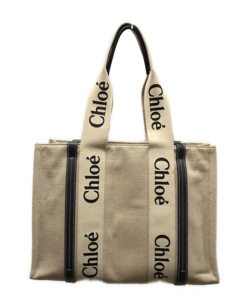 Chloe（クロエ）Chloe (クロエ) ウッディミディアムキャンバスレザートートバッグ ホワイト×ブラックの古着・服飾アイテム