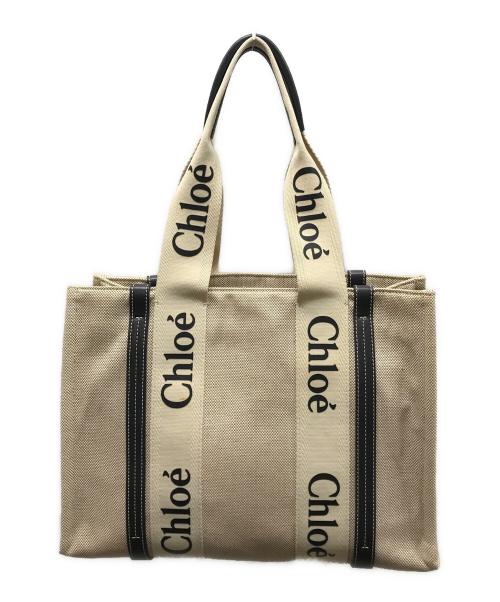 Chloe（クロエ）Chloe (クロエ) ウッディミディアムキャンバスレザートートバッグ ホワイト×ブラックの古着・服飾アイテム