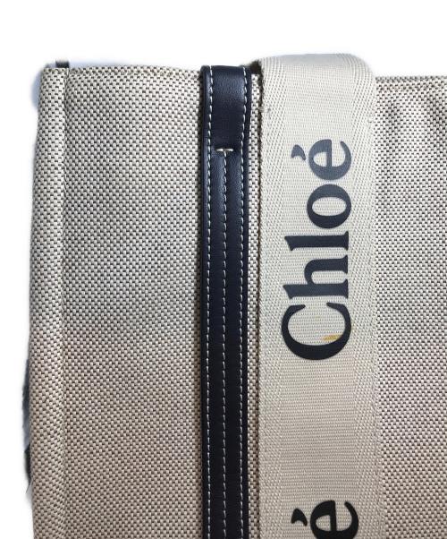 Chloe（クロエ）Chloe (クロエ) ウッディミディアムキャンバスレザートートバッグ ホワイト×ブラックの古着・服飾アイテム