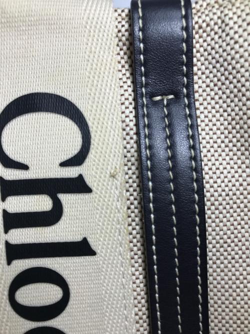 Chloe（クロエ）Chloe (クロエ) ウッディミディアムキャンバスレザートートバッグ ホワイト×ブラックの古着・服飾アイテム