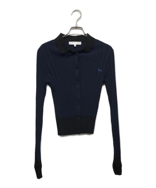 maison kitsune（メゾンキツネ）MAISON KITSUNE (メゾンキツネ) E ベイビー フォックス プリーツ リブカーディガン ネイビー サイズ:Mの古着・服飾アイテム