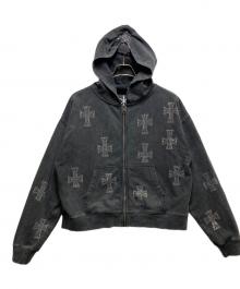 Unknown london（アンノウンロンドン）の古着「Outline Cross Rhinestone Zip Hoodie (アウトサイドクロス ラインストーン ジップフーディ) / スウェット パーカー」｜グレー