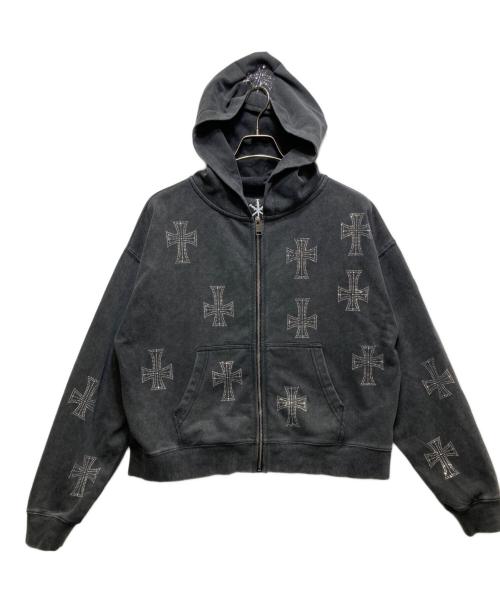 Unknown london（アンノウンロンドン）Unknown london (アンノウンロンドン) Outline Cross Rhinestone Zip Hoodie (アウトサイドクロス ラインストーン ジップフーディ) / スウェット パーカー グレー サイズ:Mの古着・服飾アイテム
