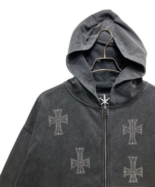 Unknown london（アンノウンロンドン）Unknown london (アンノウンロンドン) Outline Cross Rhinestone Zip Hoodie (アウトサイドクロス ラインストーン ジップフーディ) / スウェット パーカー グレー サイズ:Mの古着・服飾アイテム
