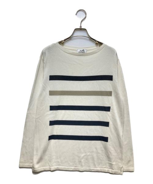HERMES（エルメス）HERMES (エルメス) フロントボーダー コットンニット ホワイト サイズ:Lの古着・服飾アイテム