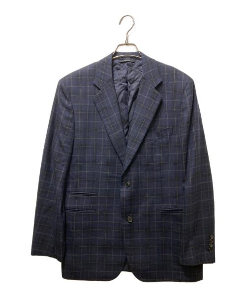HERMES（エルメス）HERMES (エルメス) チェック柄 カシミヤ×ウール 2Bテーラードジャケット ネイビー サイズ:52の古着・服飾アイテム