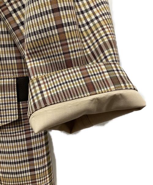 HERMES（エルメス）HERMES (エルメス) セリエボタンチェックステンカラーコート /レザー切替 /ソルド品 /21AW ベージュ サイズ:48の古着・服飾アイテム