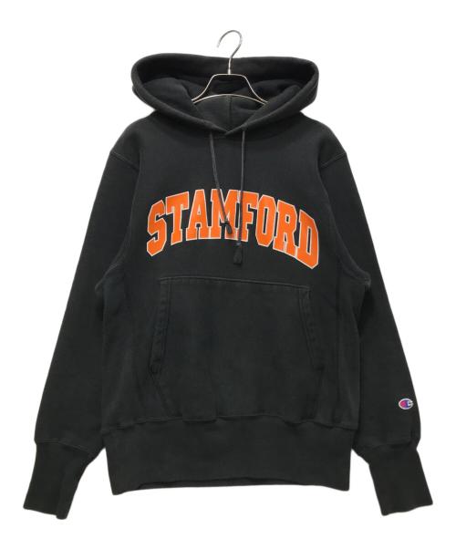 Champion（チャンピオン）Champion (チャンピオン) 90’s リバースウィーブ プルオーバー パーカー　メキシコ製 / 刺繍タグ/ Stanford University / 身幅50㎝ 着丈58㎝  ブラック サイズ:Sの古着・服飾アイテム