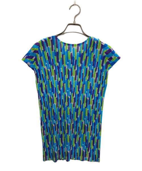 PLEATS PLEASE（プリーツプリーズ）PLEATS PLEASE (プリーツプリーズ) フレンチスリーブプリーツカットソー ブルー×グリーン サイズ:3の古着・服飾アイテム