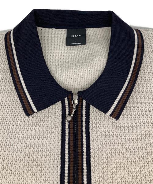 HUF（ハフ）HUF (ハフ) ニットポロシャツ ベージュ×ネイビー サイズ:Ｌの古着・服飾アイテム