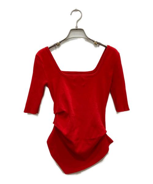 OMMO（オーエムエムオー）OMMO (オーエムエムオー) ASYMME TUCK HALF SLEEVE TOP/アシンメタックハーフスリーブトップス レッド サイズ:FREEの古着・服飾アイテム