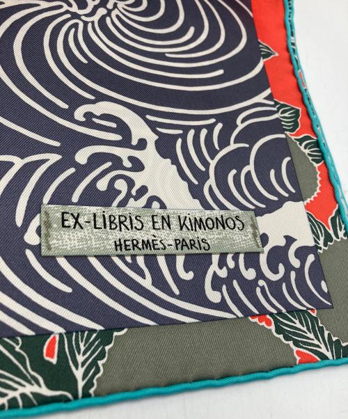 HERMES（エルメス）HERMES (エルメス) カレ90 スカーフ EX-LIBRIS EN KIMONOS キモノ エクスリブリス ブルーの古着・服飾アイテム